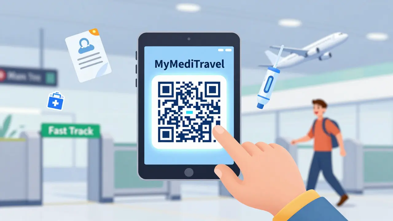 Digital QR code for MyMediTravel scanning as traveler passes through airport security.