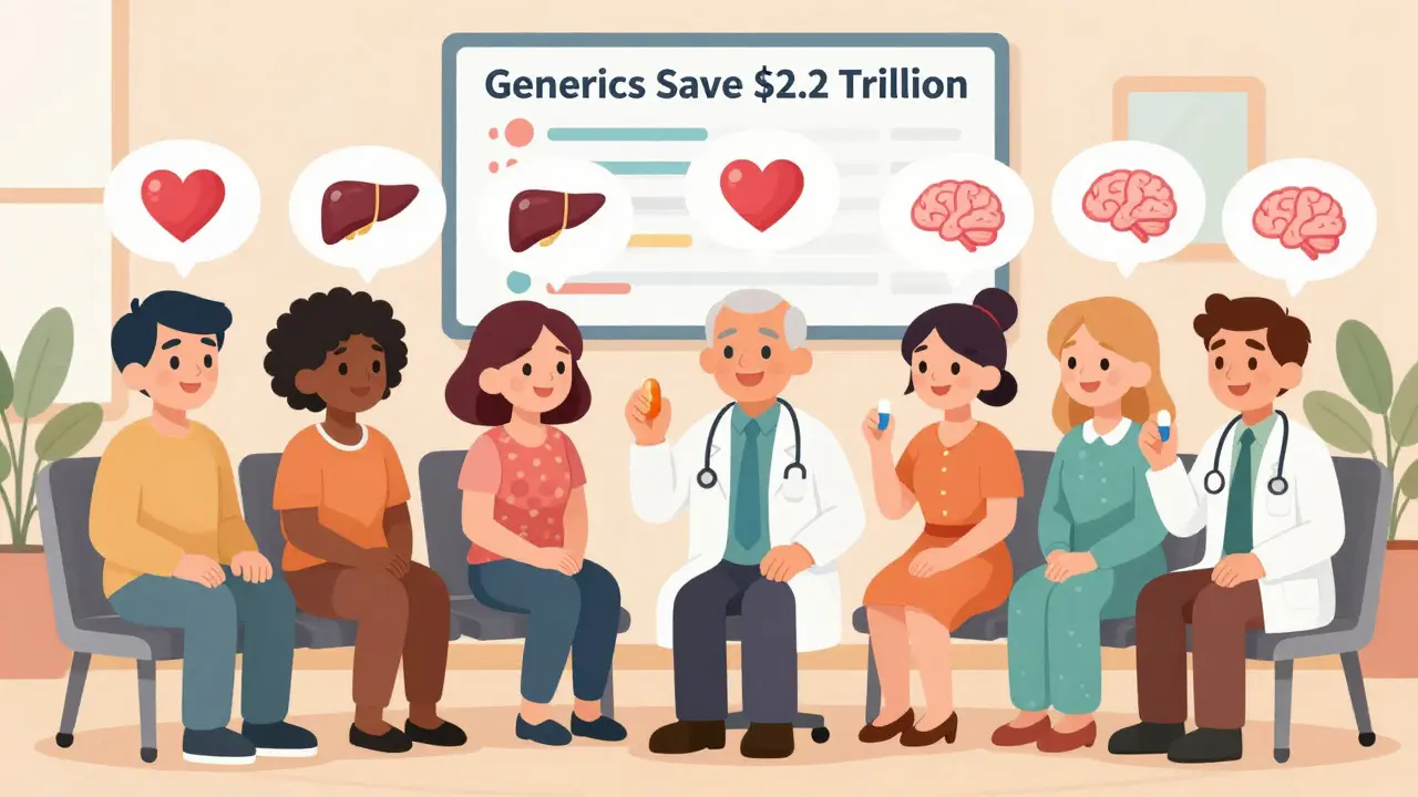 Diverse patients smiling with health icons above their heads, showing generics provide equal treatment.