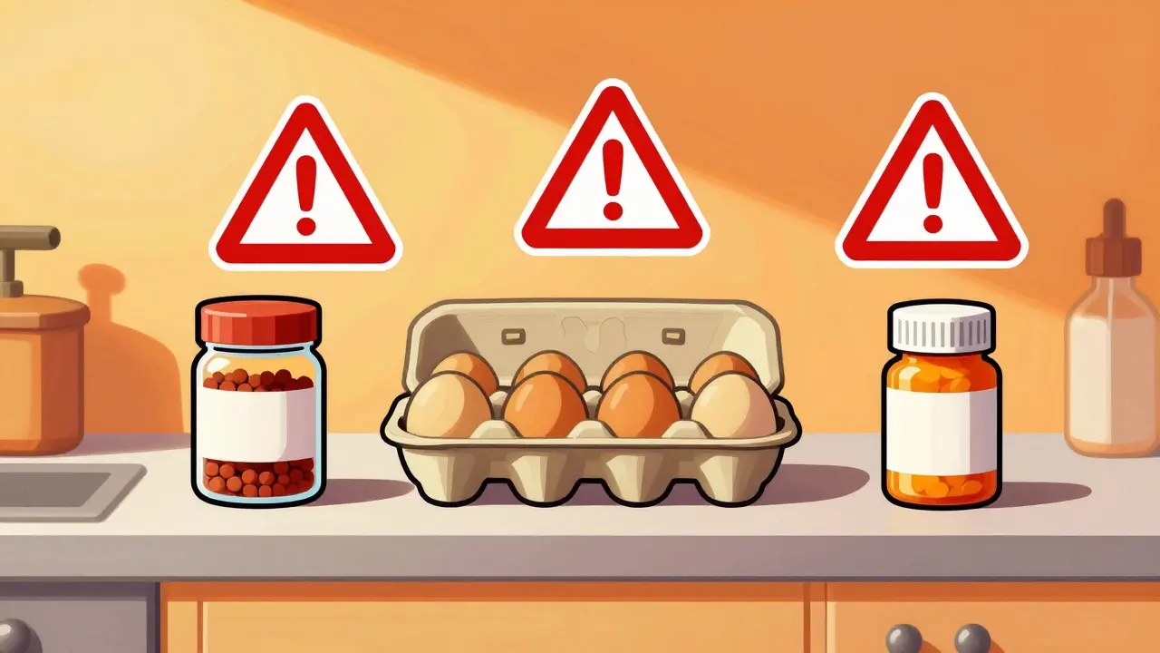 Kitchen items with warning icons showing safety risks