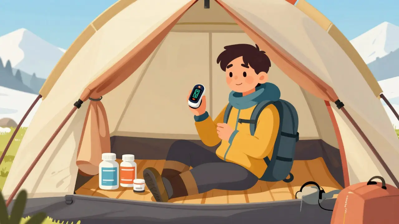 Mountaineer using pulse oximeter safely inside a tent