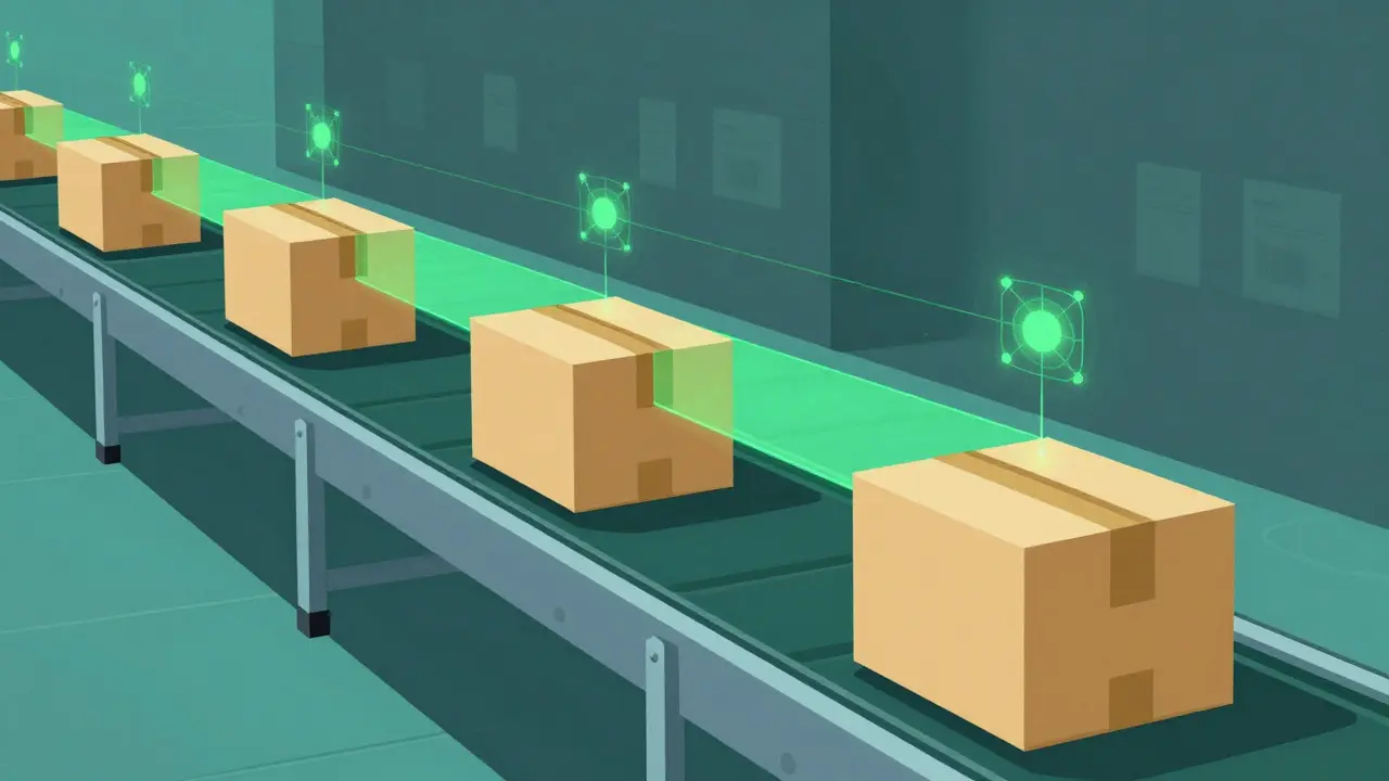 Packages on conveyor belt scanned by green lasers