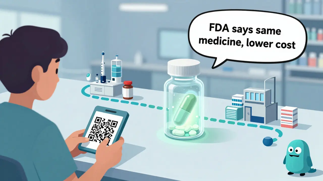 Patient scanning a QR code on a pill bottle to reveal an animated supply chain and FDA approval message.