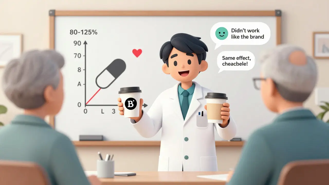 Pharmacist explaining generics using coffee cup analogy, with floating online review bubbles and a bioequivalence graph.