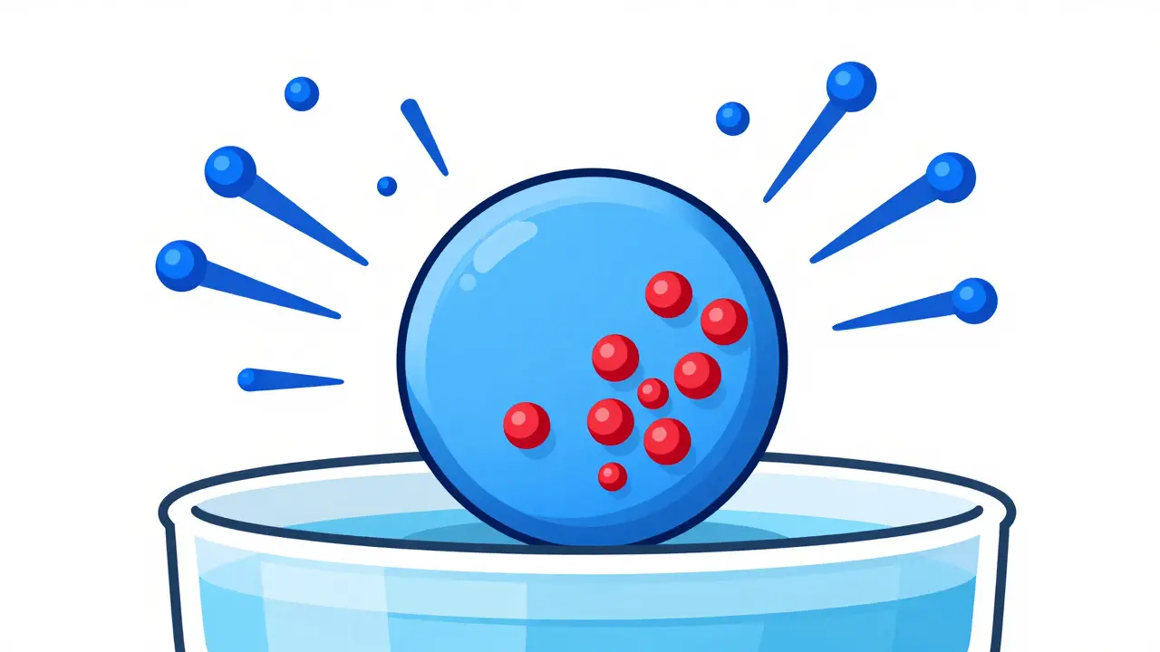 Pill dissolving releasing active ingredient molecules.