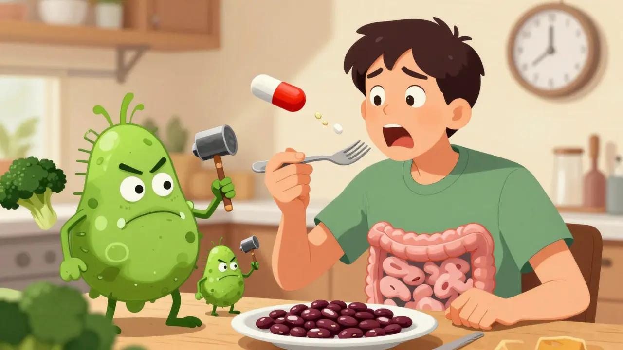 Someone taking Beano before eating beans, with cartoon bacteria trying to cause gas.