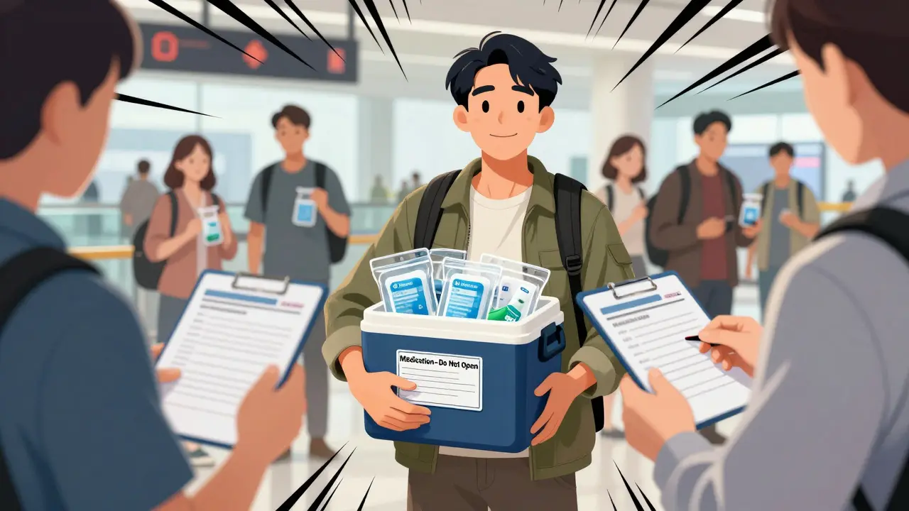 Traveler carrying insulated cooler with frozen gel packs for medication at airport security.