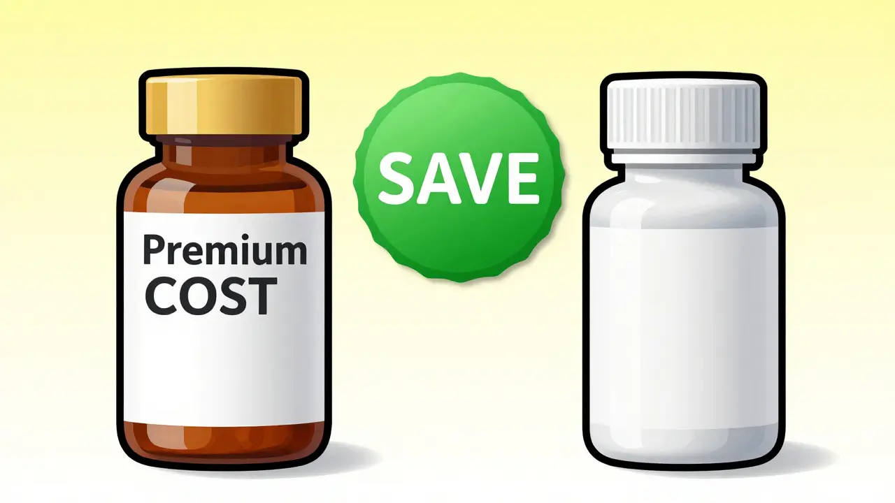 Cartoon comparison of brand-name and generic medication bottles with a savings badge.