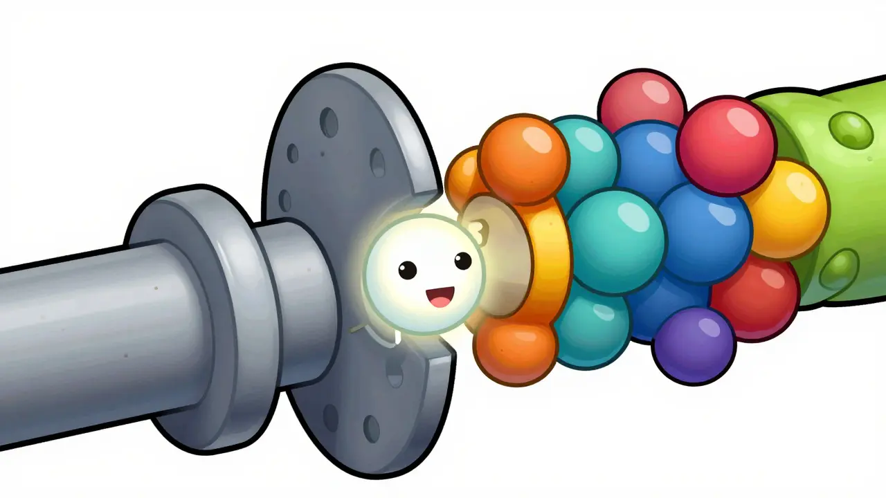 Cartoon depicting a drug molecule blocking a potassium ion channel gate in a cell.
