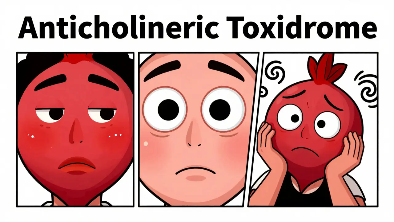 Cartoon depiction of overdose symptoms including flushed skin and dilated pupils.