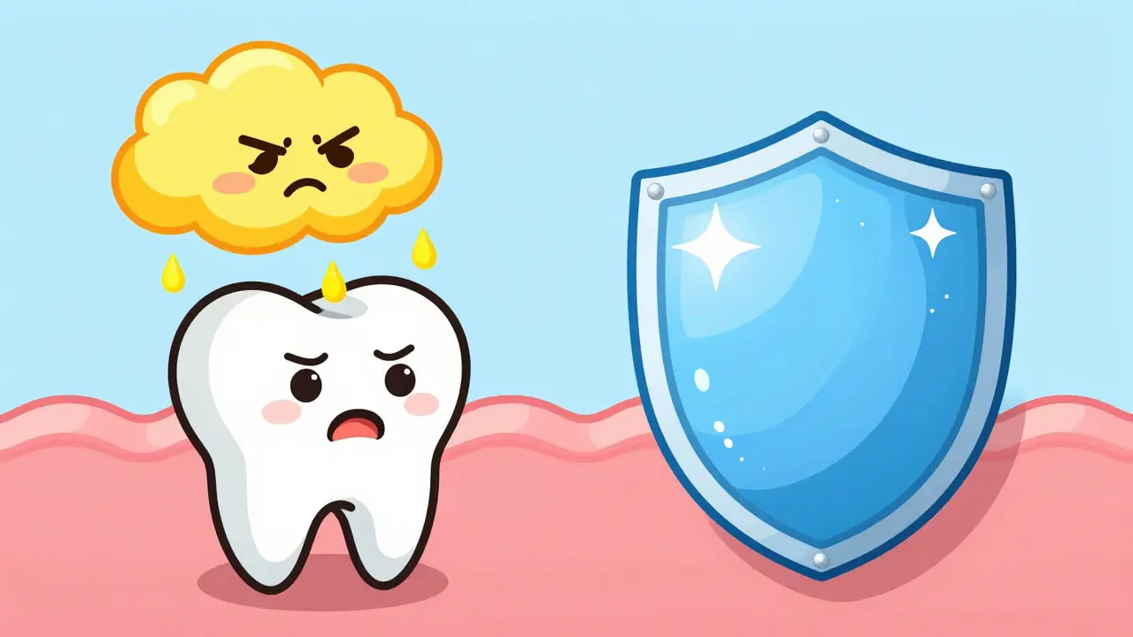 Cartoon illustration of a tooth being attacked by acid due to lack of saliva.