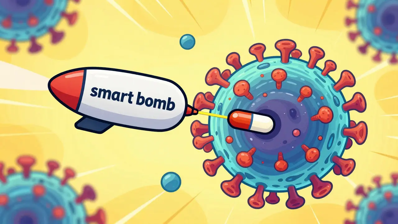 Cartoon illustration of an antibody delivering medicine directly to a cancer cell.