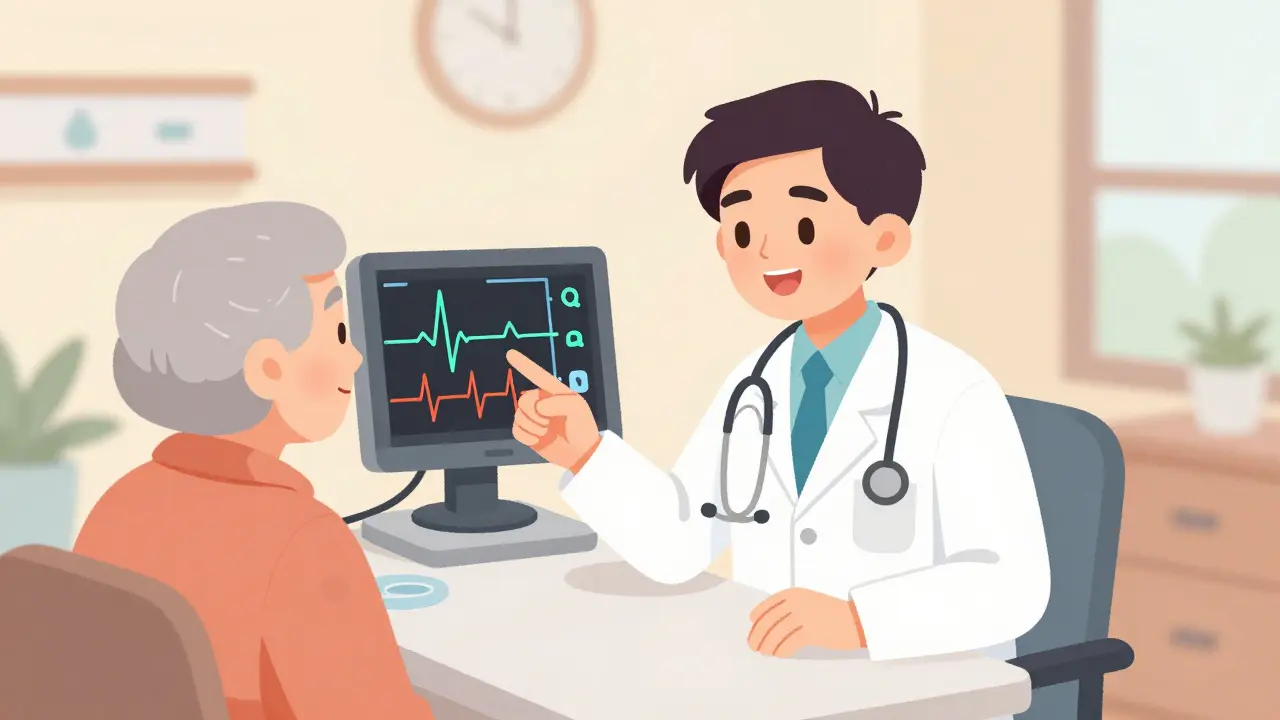 Cartoon of a doctor showing an ECG heart-rate monitor to an elderly patient.