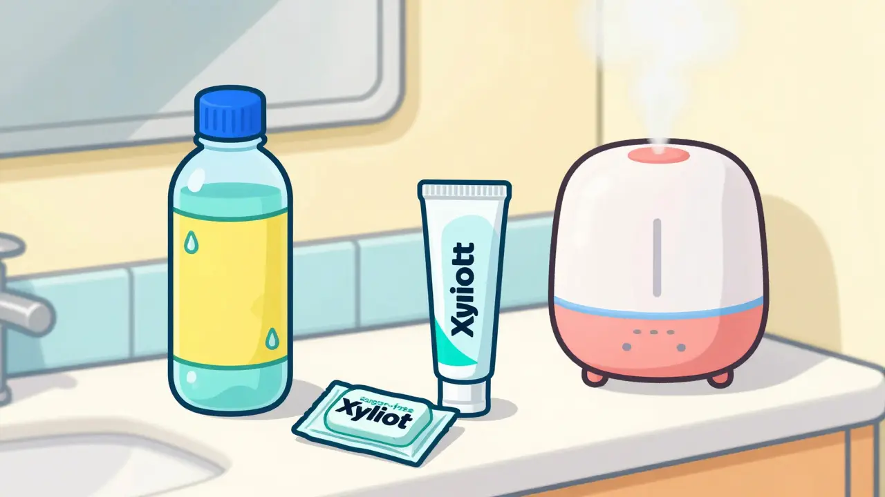 Cartoon set of dry mouth relief items including water, gum, and a humidifier.