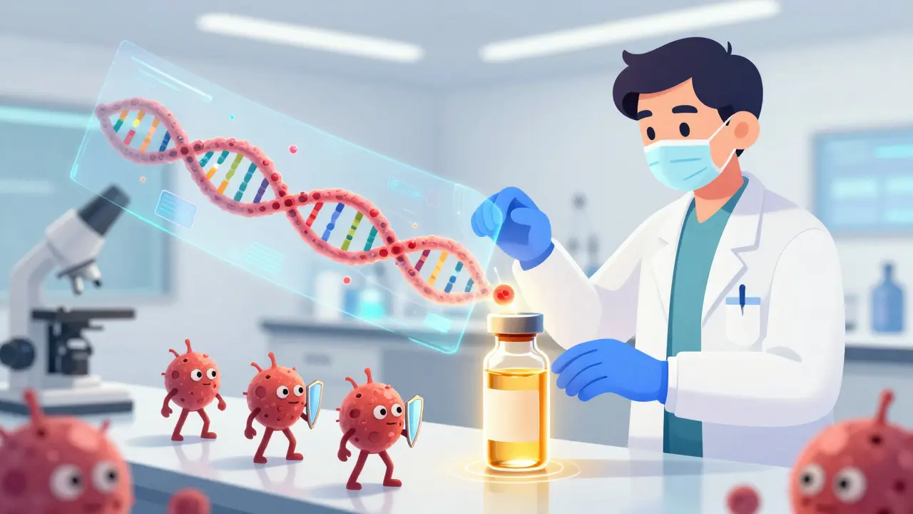 Cartoon showing a personalized vaccine training immune cells in a futuristic lab.