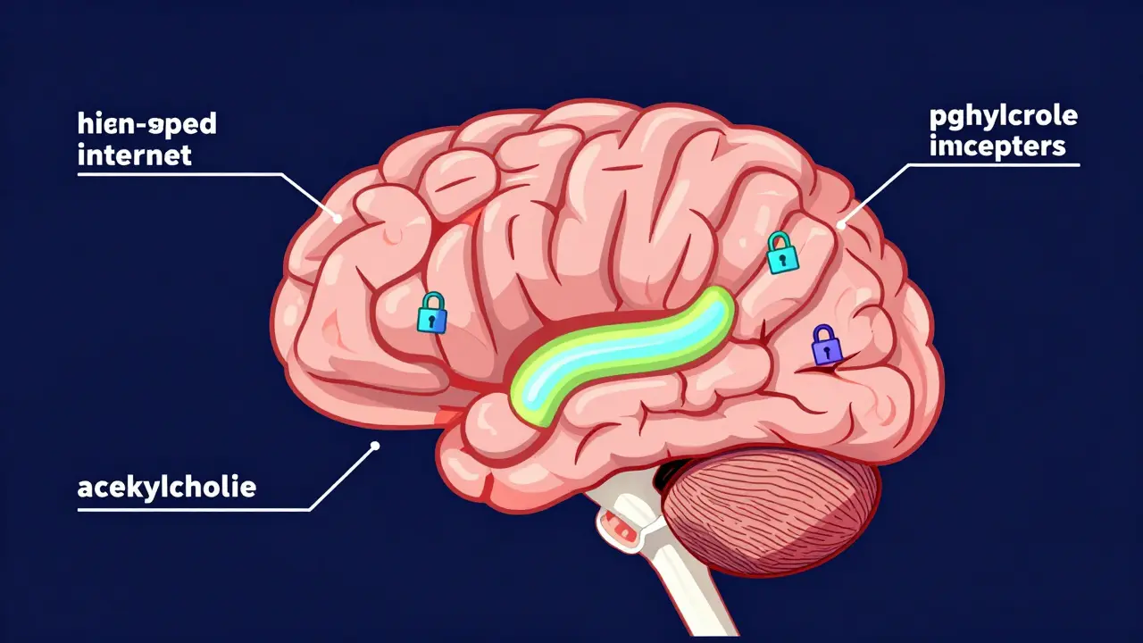 Conceptual cartoon of a brain with locked neurotransmitter pathways.