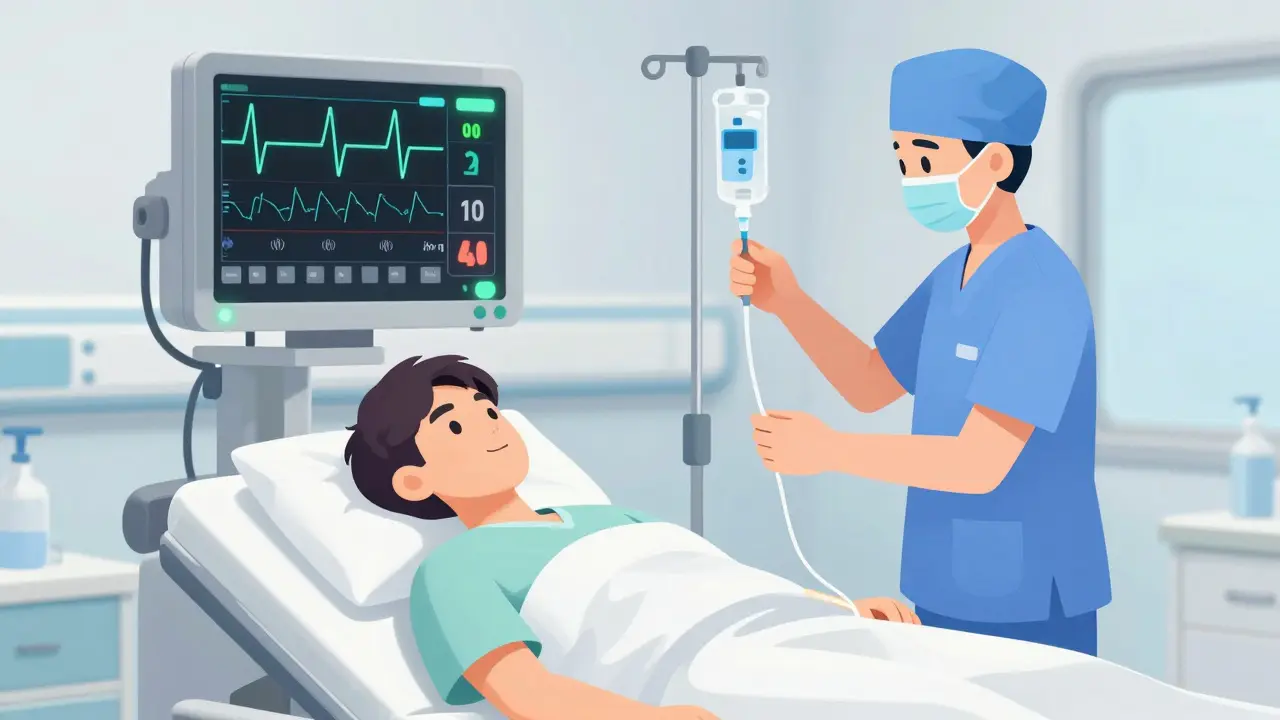 Hospital emergency room with a patient on a cardiac monitor receiving IV treatment.