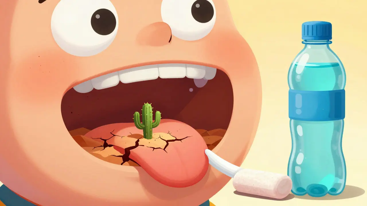 Person with a cracked desert landscape inside their mouth to represent extreme dryness.